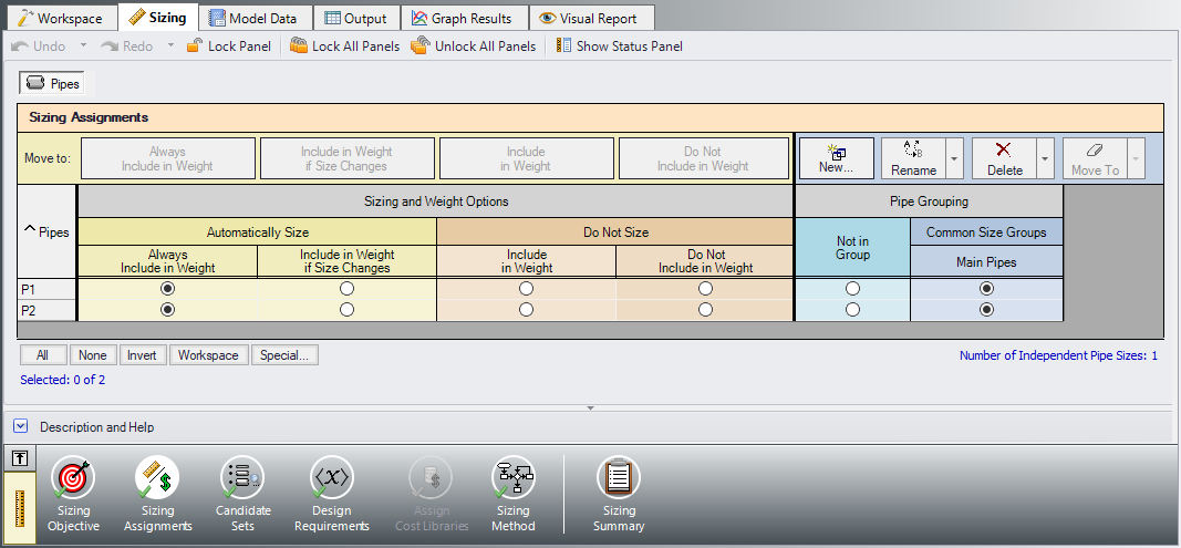 The settings for Pipes P1 and P2 in the Sizing Assignments panel of the Sizing window.